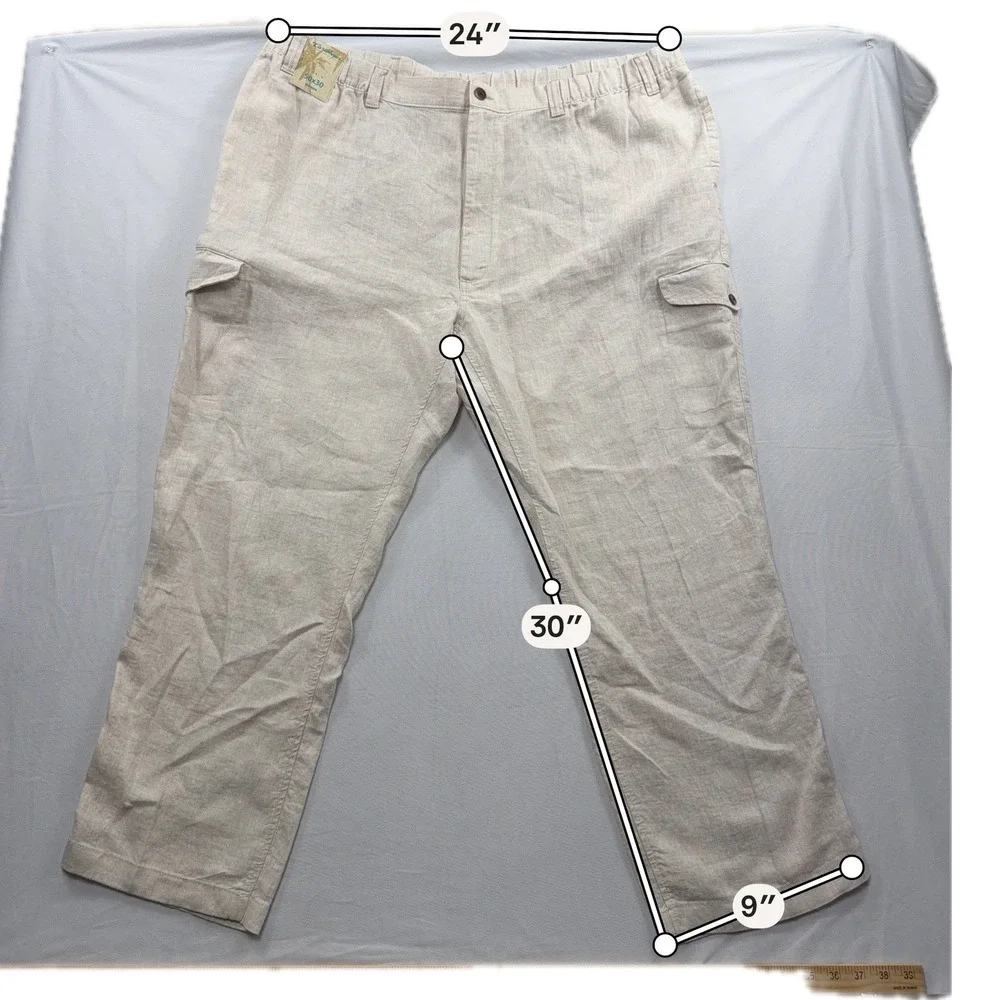 Caribbean Cargo Pants 100% Linen Elastic Waist Natural Mens 50x30 NWT